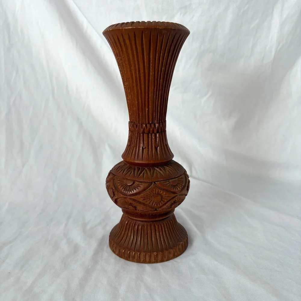 Vintage hand carved wood vase home decor boho indie brown accent - Picture 2 of 4